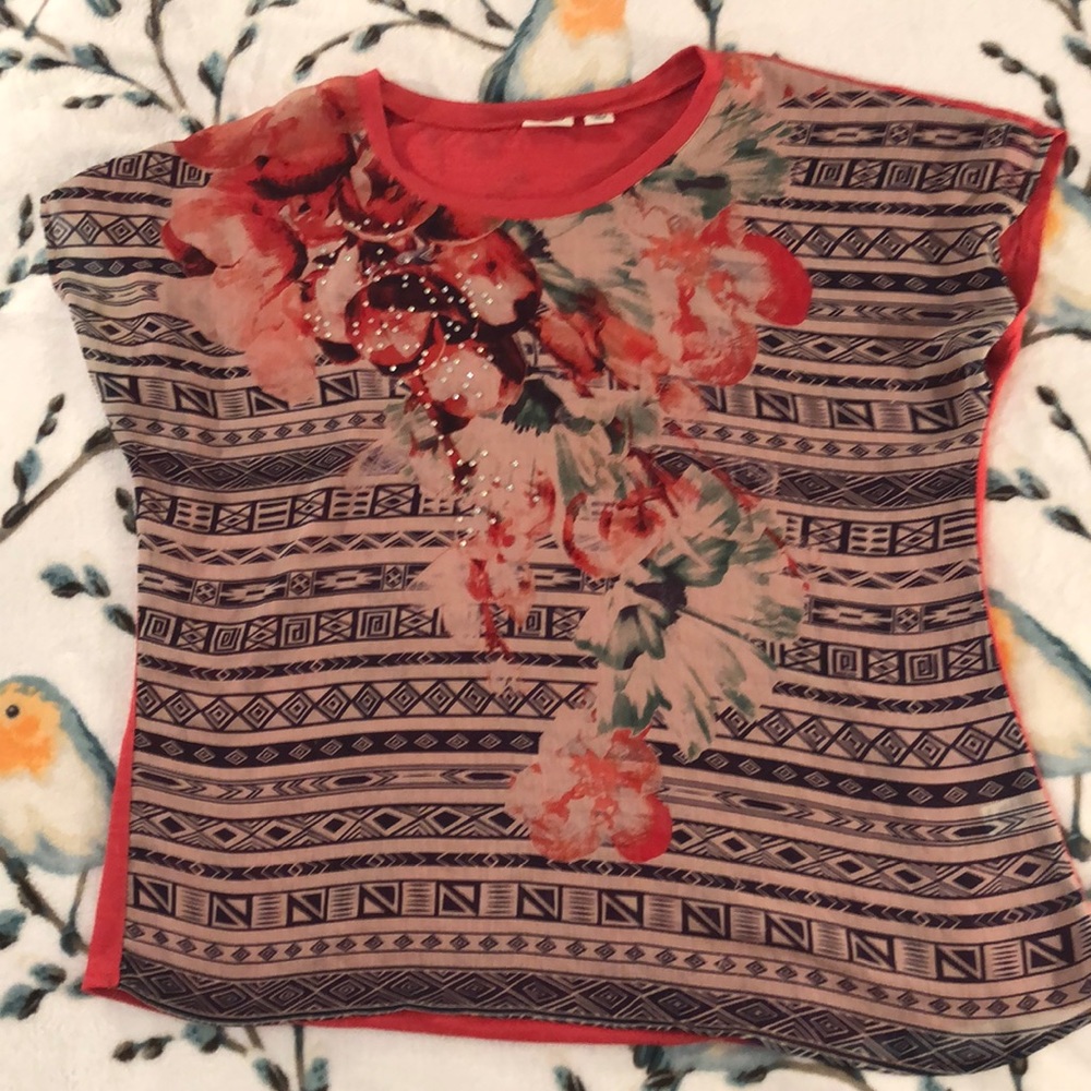 Cato s/s blouse w/floral print & jewel accents XL